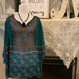 CB Brand green and black sheer blouse